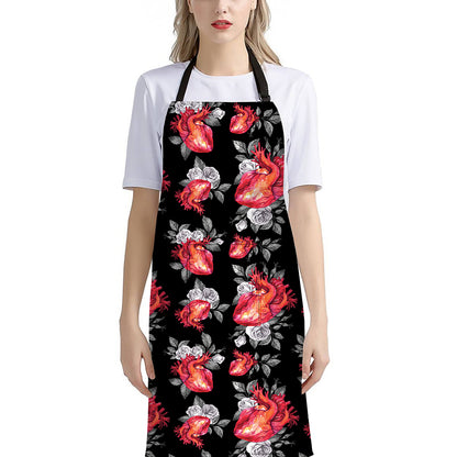 Rose And Heart Pattern Print Bib Apron With Pocket