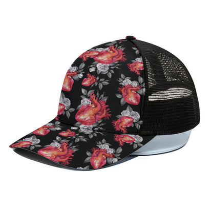 Rose And Heart Pattern Print Black Mesh Trucker Cap