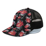 Rose And Heart Pattern Print Black Mesh Trucker Cap