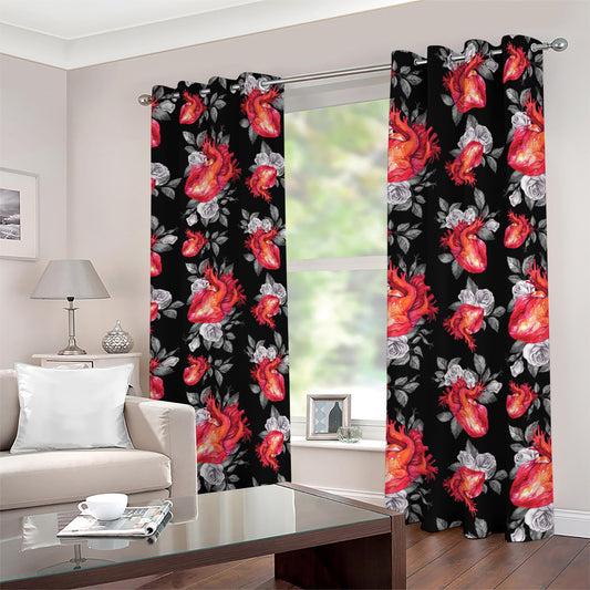 Rose And Heart Pattern Print Blackout Grommet Curtains