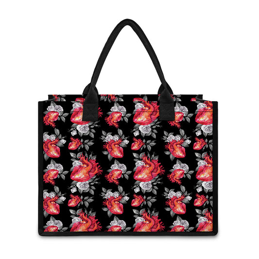 Rose And Heart Pattern Print Canvas Tote Bag
