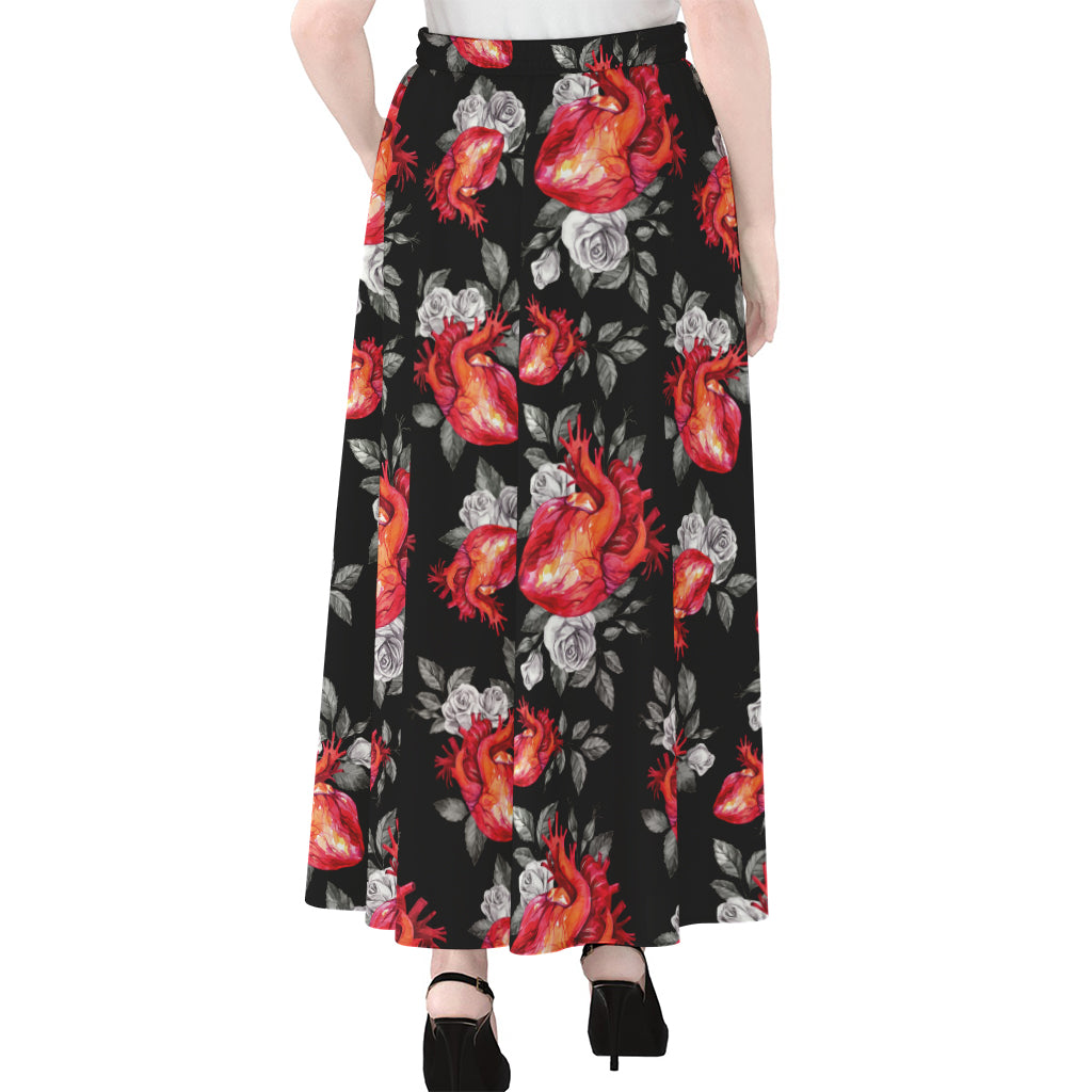 Rose And Heart Pattern Print Chiffon Maxi Skirt