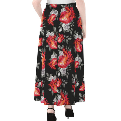Rose And Heart Pattern Print Chiffon Maxi Skirt