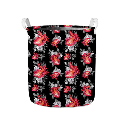 Rose And Heart Pattern Print Collapsible Laundry Basket