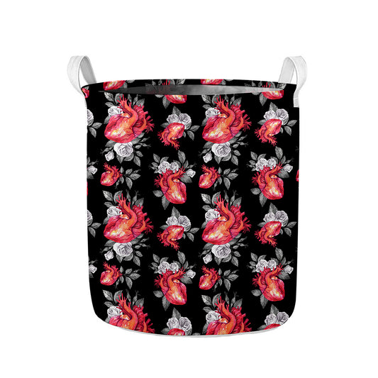 Rose And Heart Pattern Print Collapsible Laundry Basket