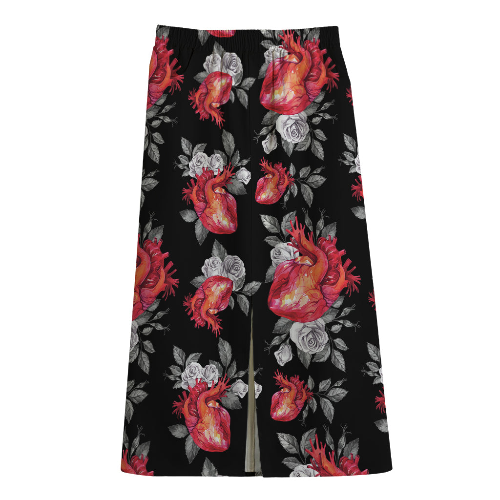 Rose And Heart Pattern Print Cotton Front Slit Maxi Skirt