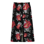 Rose And Heart Pattern Print Cotton Front Slit Maxi Skirt