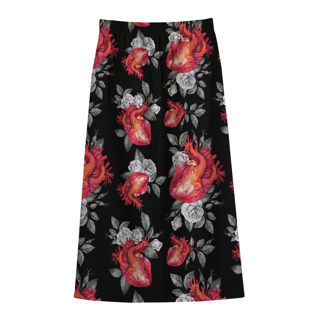 Rose And Heart Pattern Print Cotton Front Slit Maxi Skirt