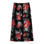 Rose And Heart Pattern Print Cotton Front Slit Maxi Skirt