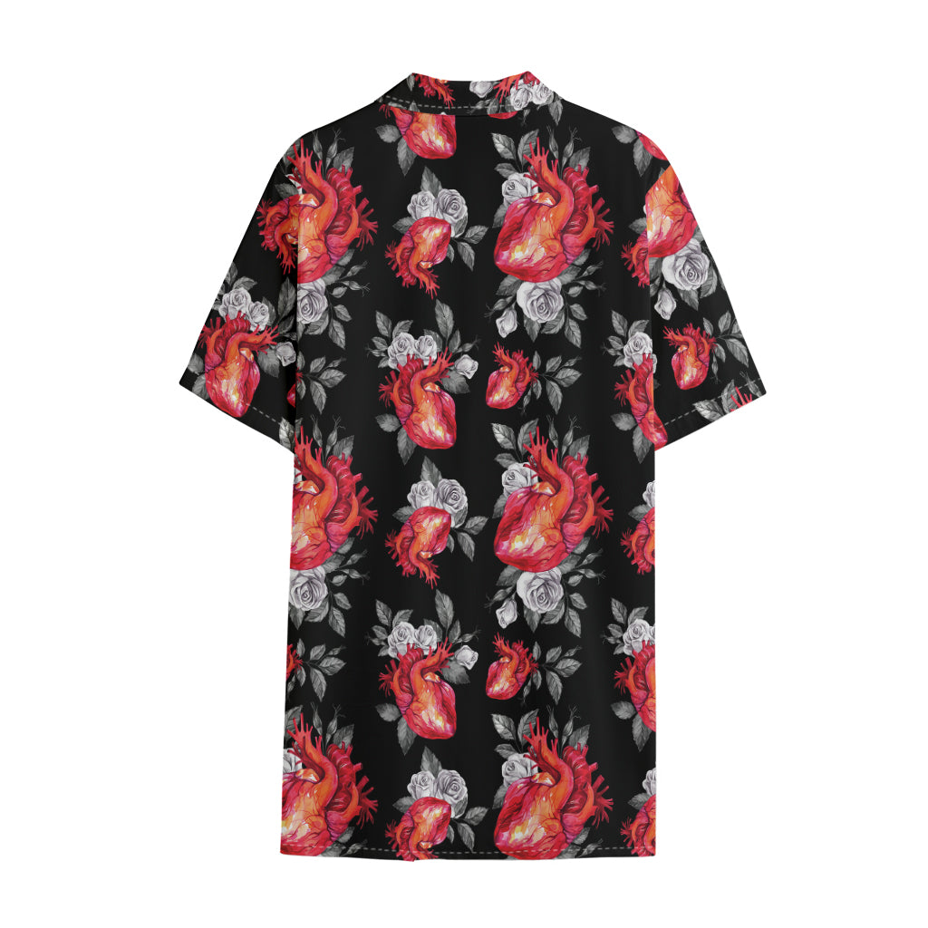 Rose And Heart Pattern Print Cotton Hawaiian Shirt