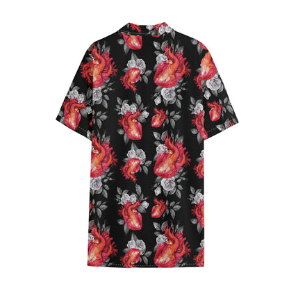 Rose And Heart Pattern Print Cotton Hawaiian Shirt
