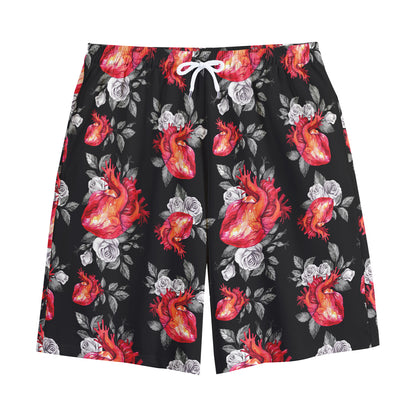 Rose And Heart Pattern Print Cotton Shorts