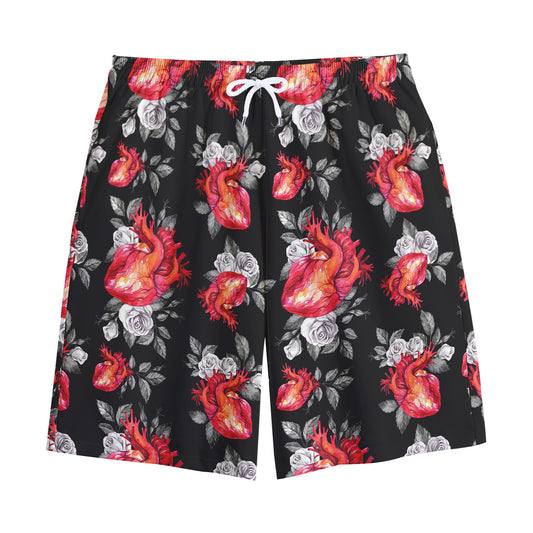 Rose And Heart Pattern Print Cotton Shorts
