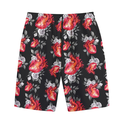 Rose And Heart Pattern Print Cotton Shorts