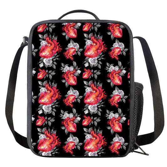 Rose And Heart Pattern Print Crossbody Lunch Bag