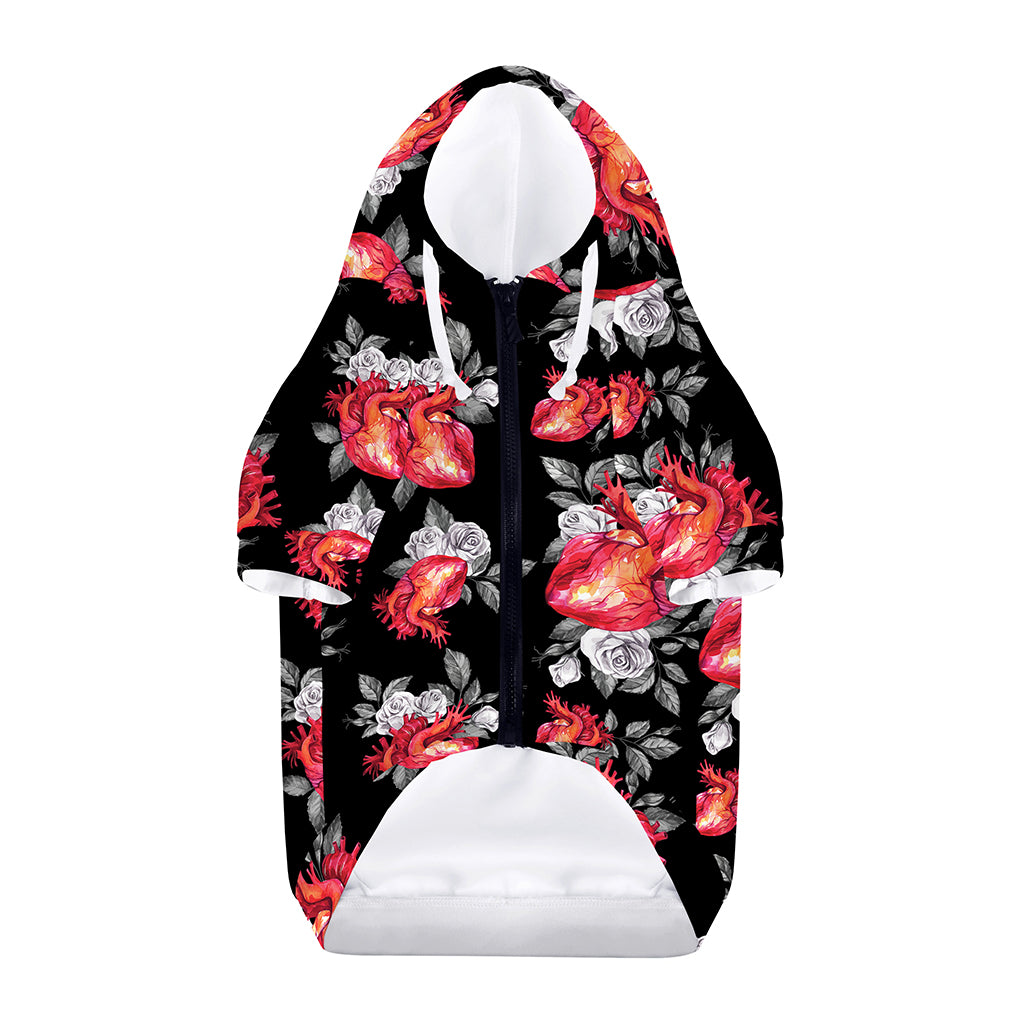 Rose And Heart Pattern Print Dog Zip Up Hoodie