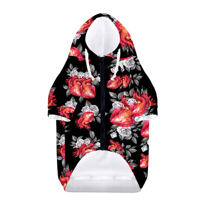 Rose And Heart Pattern Print Dog Zip Up Hoodie