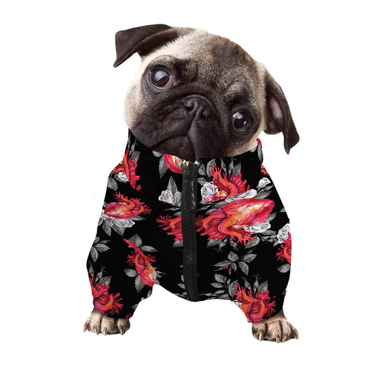 Rose And Heart Pattern Print Dog Zip Up Jacket