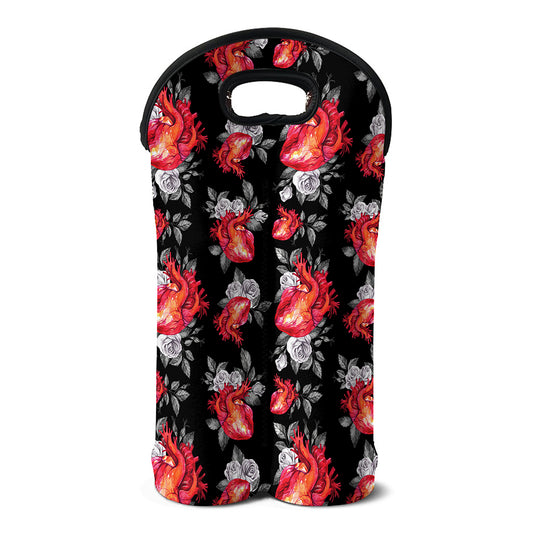 Rose And Heart Pattern Print Double Neoprene Wine Tote