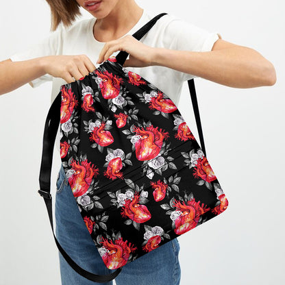 Rose And Heart Pattern Print Drawstring Backpack