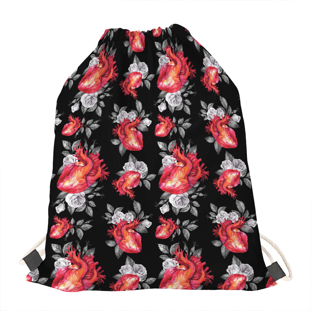 Rose And Heart Pattern Print Drawstring Bag