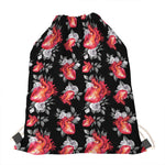 Rose And Heart Pattern Print Drawstring Bag