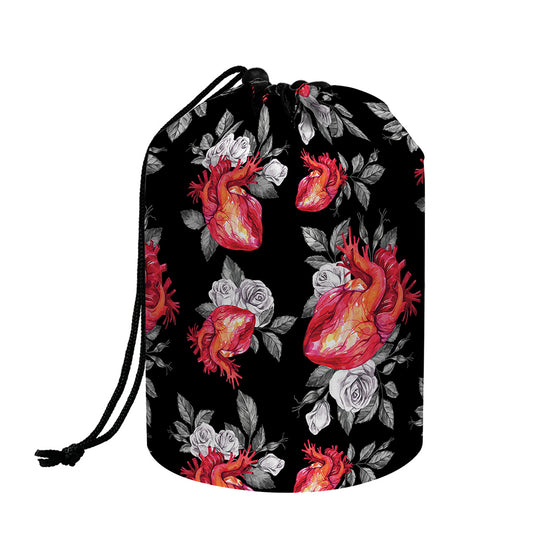 Rose And Heart Pattern Print Drawstring Makeup Bag