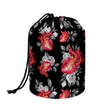 Rose And Heart Pattern Print Drawstring Makeup Bag