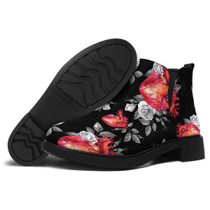 Rose And Heart Pattern Print Flat Ankle Boots