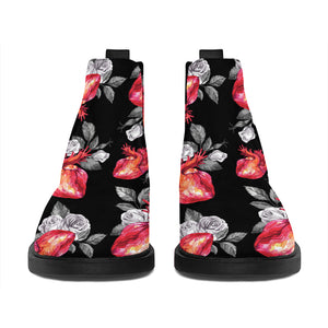 Rose And Heart Pattern Print Flat Ankle Boots