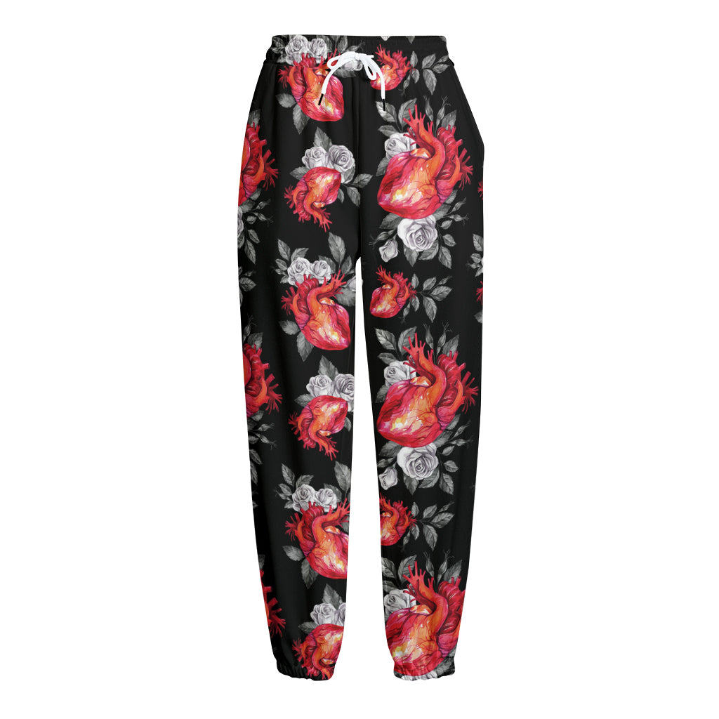 Rose And Heart Pattern Print Fleece Lined Knit Pants