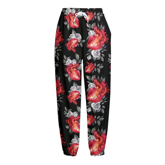 Rose And Heart Pattern Print Fleece Lined Knit Pants