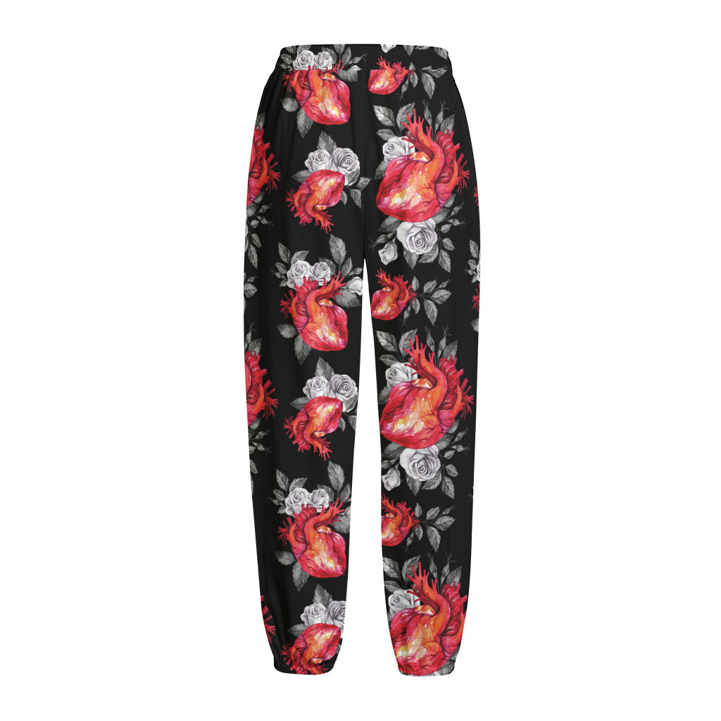 Rose And Heart Pattern Print Fleece Lined Knit Pants
