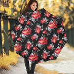 Rose And Heart Pattern Print Foldable Umbrella