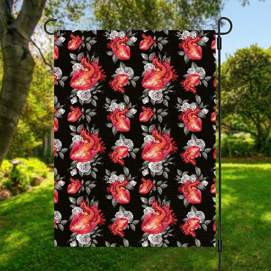 Rose And Heart Pattern Print Garden Flag