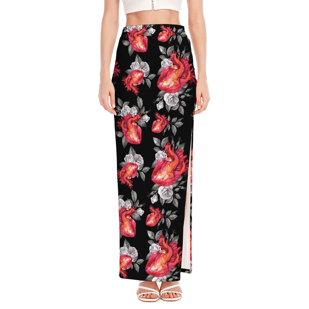 Rose And Heart Pattern Print High Slit Maxi Skirt