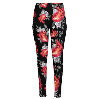Rose And Heart Pattern Print High-Waisted Pocket Leggings