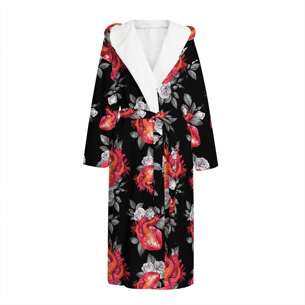 Rose And Heart Pattern Print Hooded Bathrobe