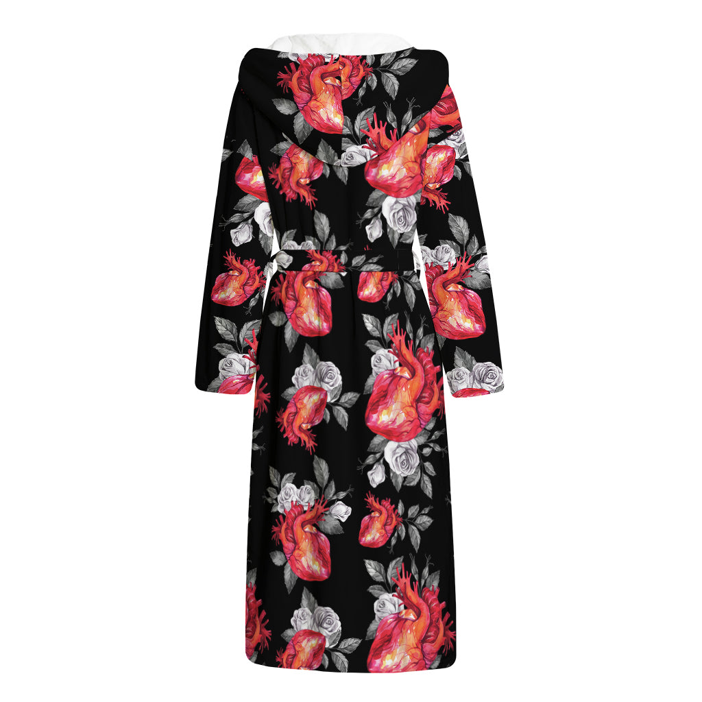 Rose And Heart Pattern Print Hooded Bathrobe
