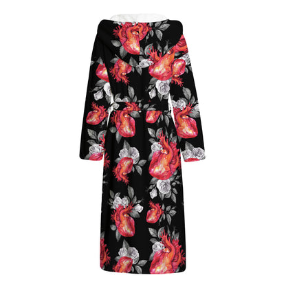 Rose And Heart Pattern Print Hooded Bathrobe