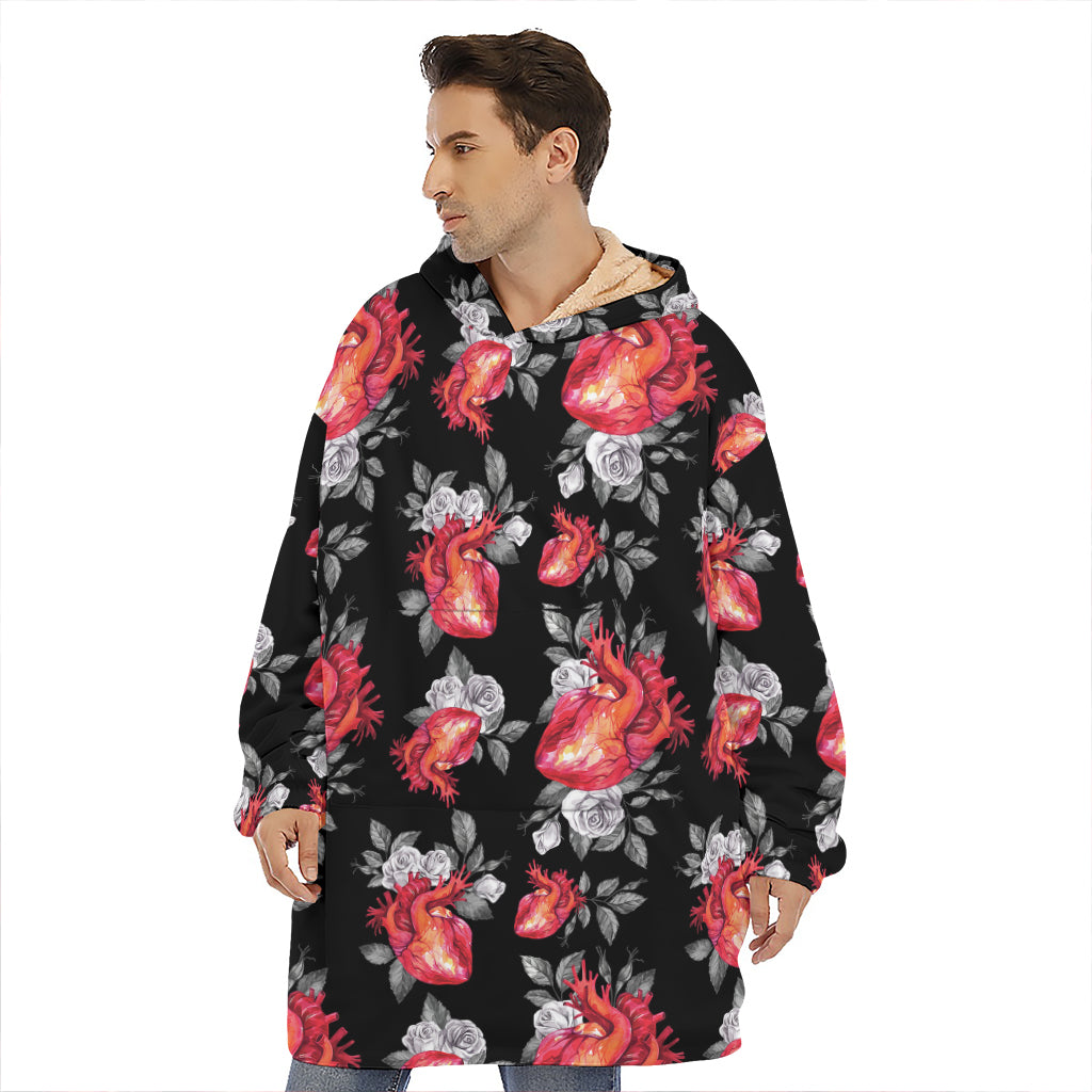 Rose And Heart Pattern Print Hoodie Blanket