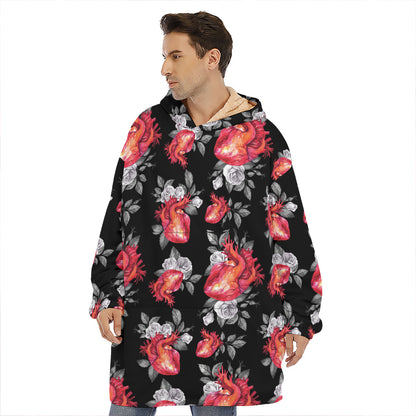 Rose And Heart Pattern Print Hoodie Blanket