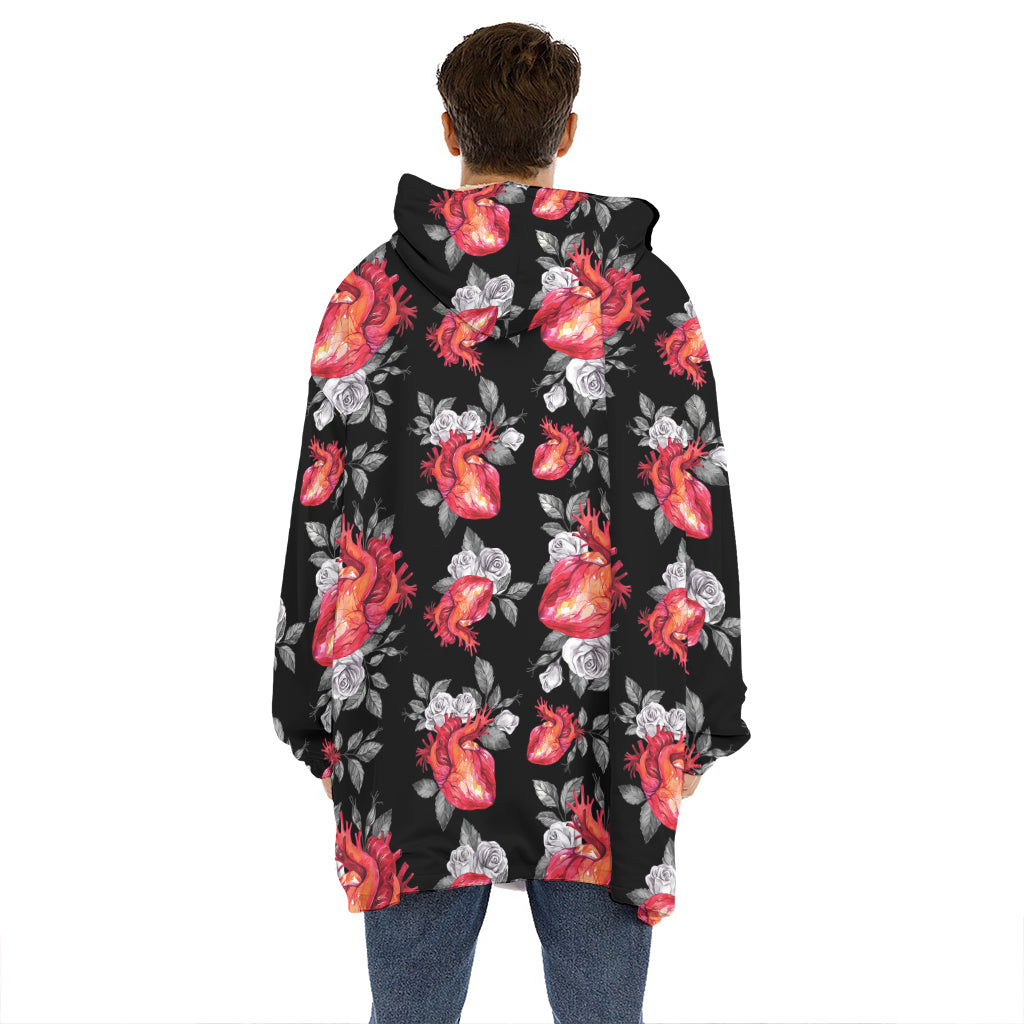 Rose And Heart Pattern Print Hoodie Blanket