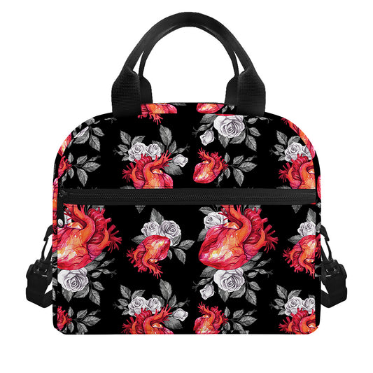 Rose And Heart Pattern Print Insulated Lunch Bag
