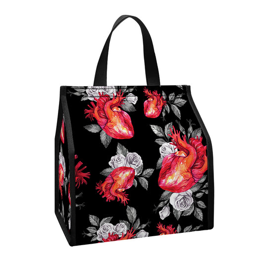 Rose And Heart Pattern Print Insulated Lunch Tote