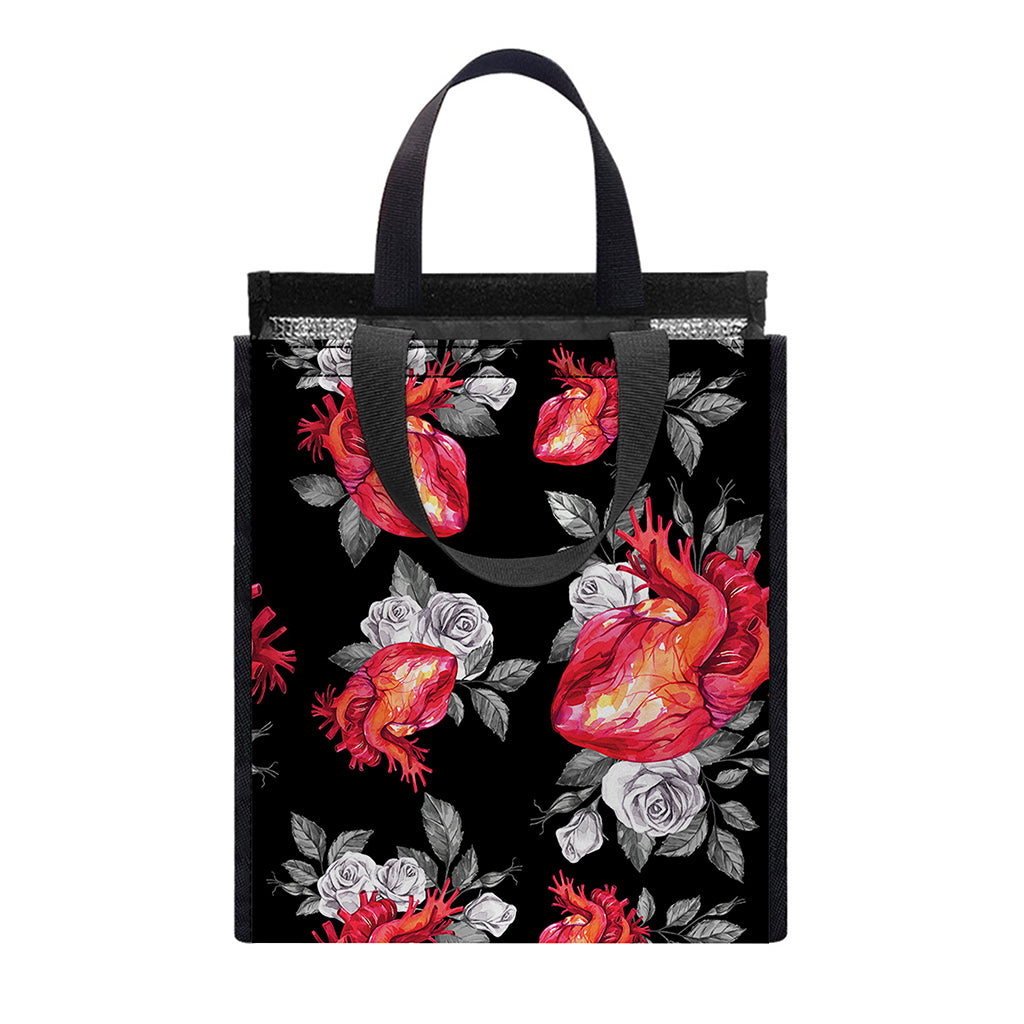 Rose And Heart Pattern Print Insulated Lunch Tote