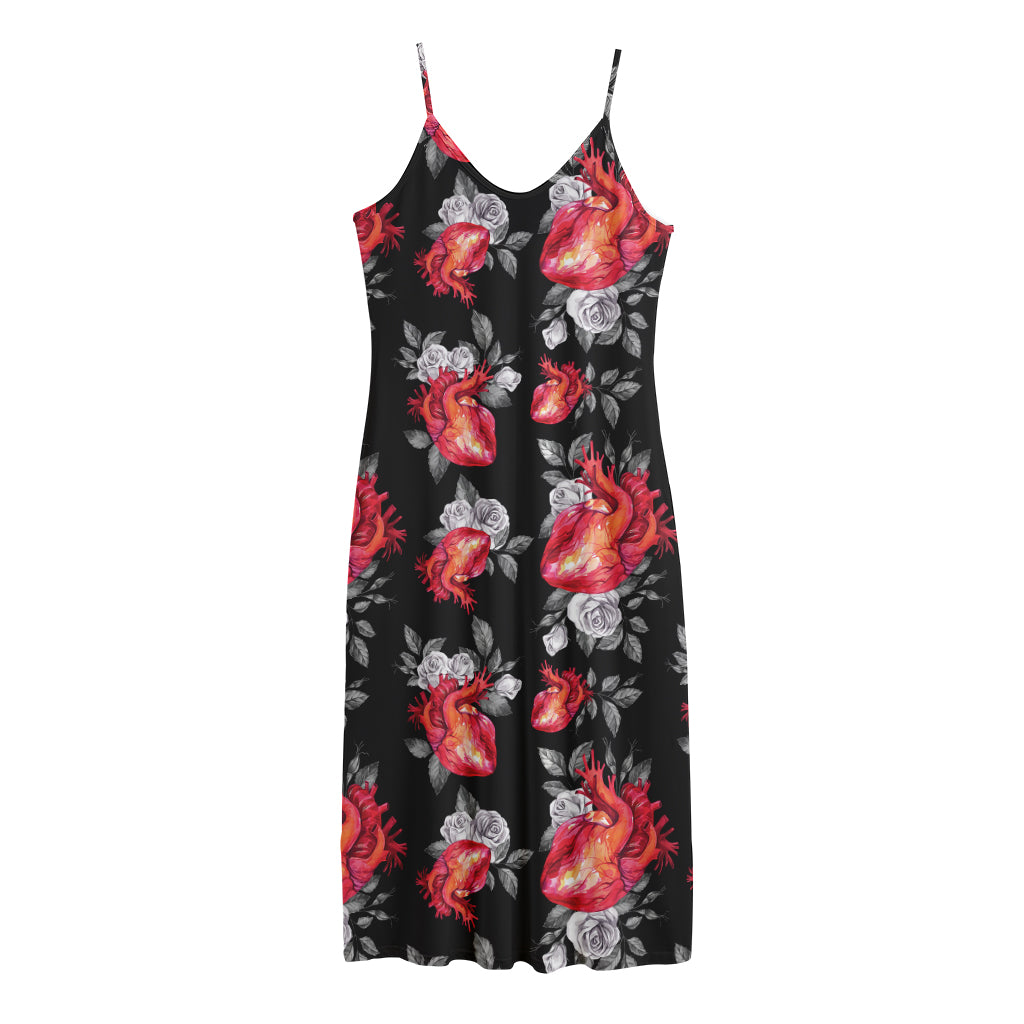Rose And Heart Pattern Print Jersey Midi Cami Dress