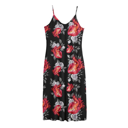Rose And Heart Pattern Print Jersey Midi Cami Dress