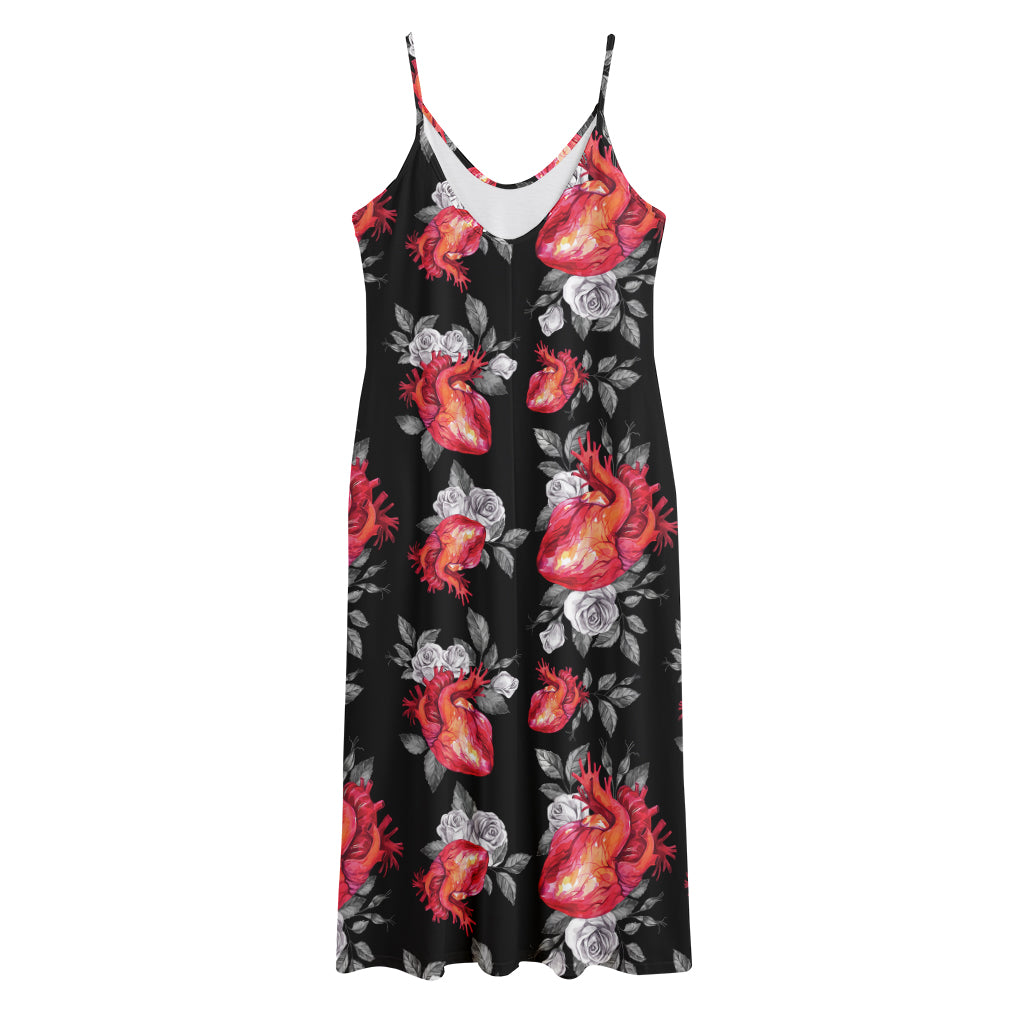 Rose And Heart Pattern Print Jersey Midi Cami Dress