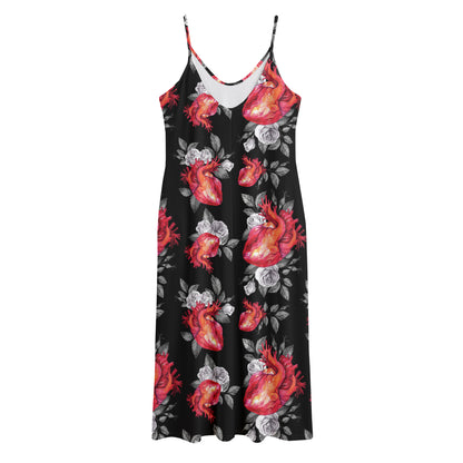 Rose And Heart Pattern Print Jersey Midi Cami Dress